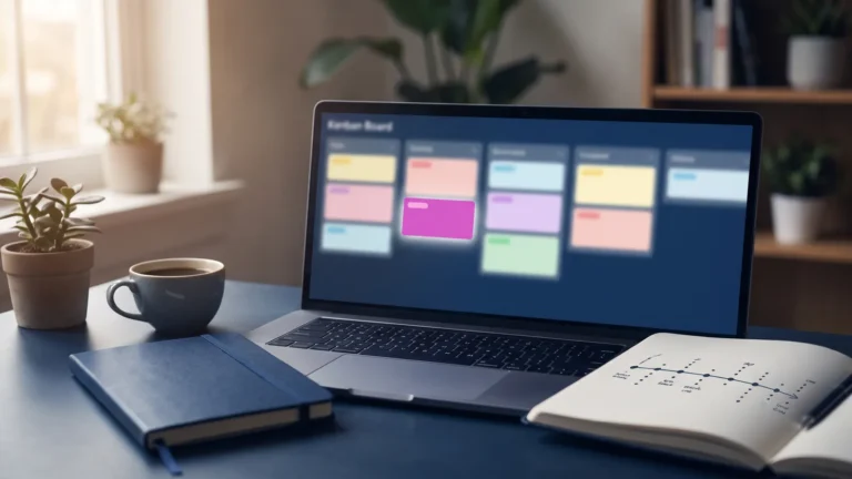 Lead nurturing: laptop pipeline board beside a notebook timeline of planned follow-ups