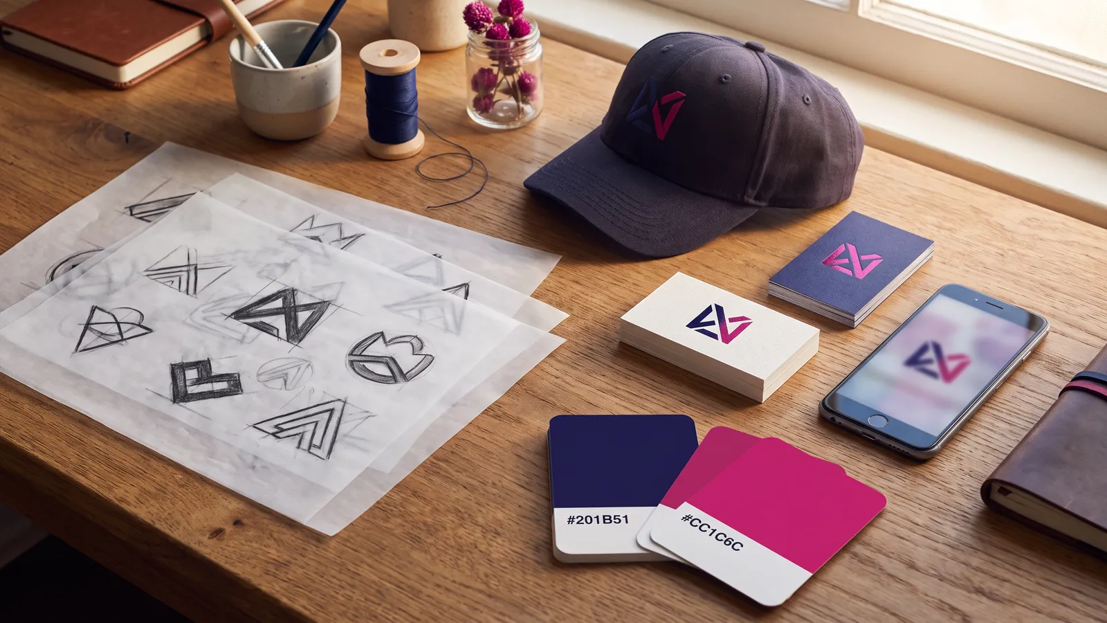 Logo design services flat lay with sketches, color swatches and a mark tested on a card, phone and cap