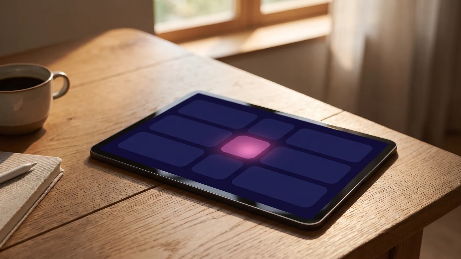 A three-tier marketing KPIs scorecard on a tablet beside a notepad