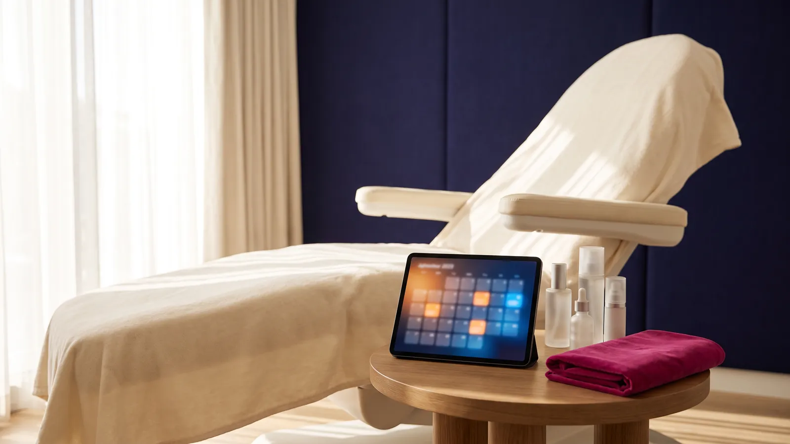 Med spa marketing agency view of a treatment room with a tablet showing booked consult appointments