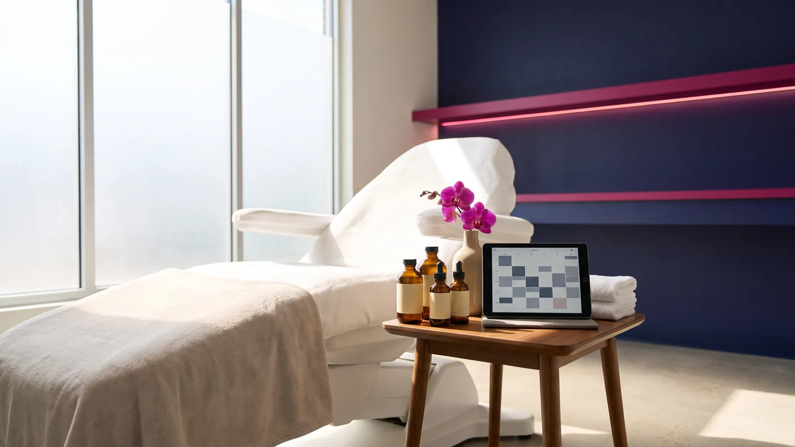 Med spa marketing concept: a bright treatment room with a tablet showing a booked consultation calendar