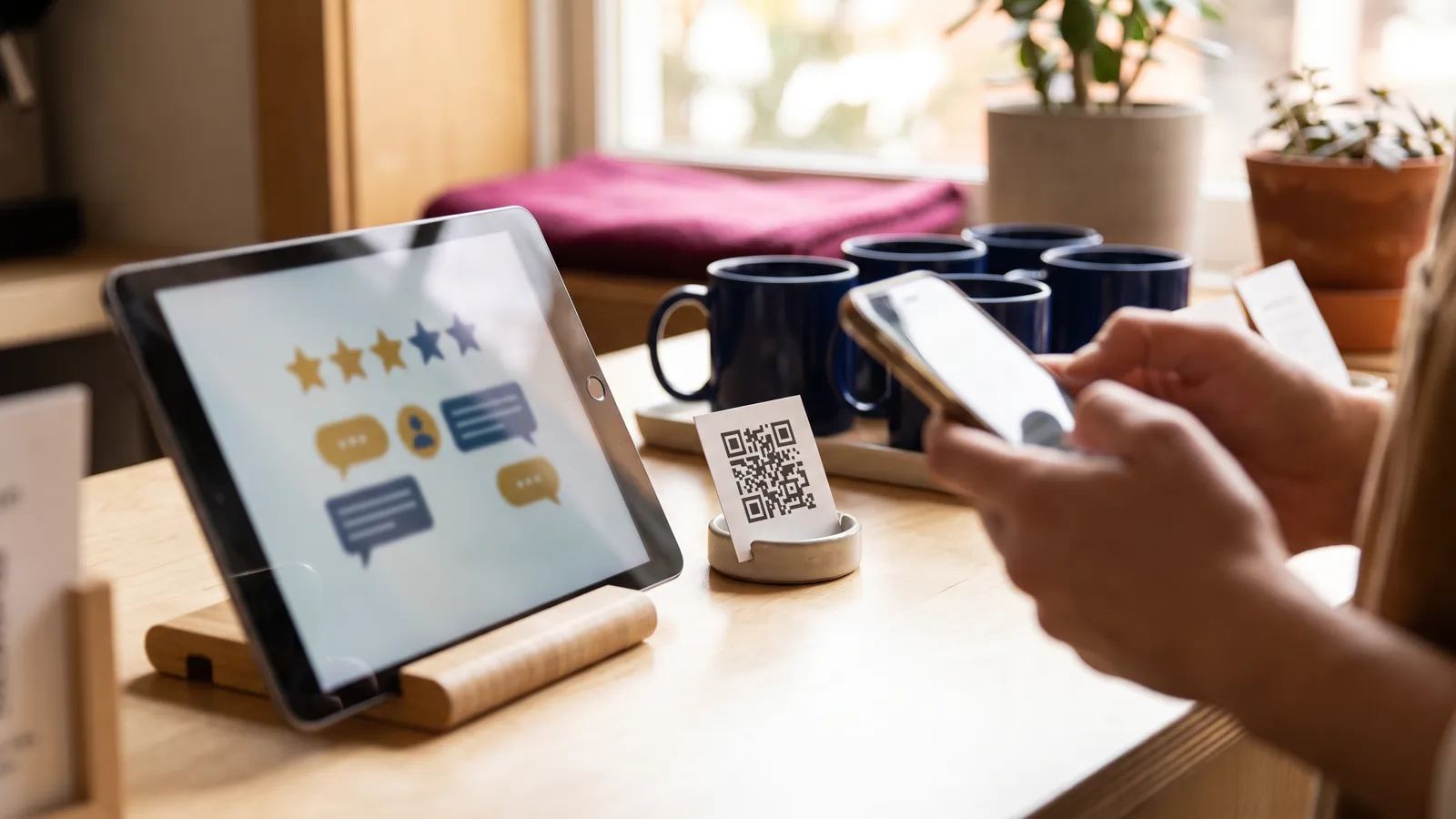Online reputation management at a business counter with a review request QR card and replies on a phone