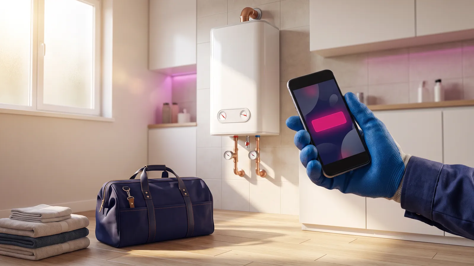 Plumber marketing: new water heater install with a booking confirmation on a phone