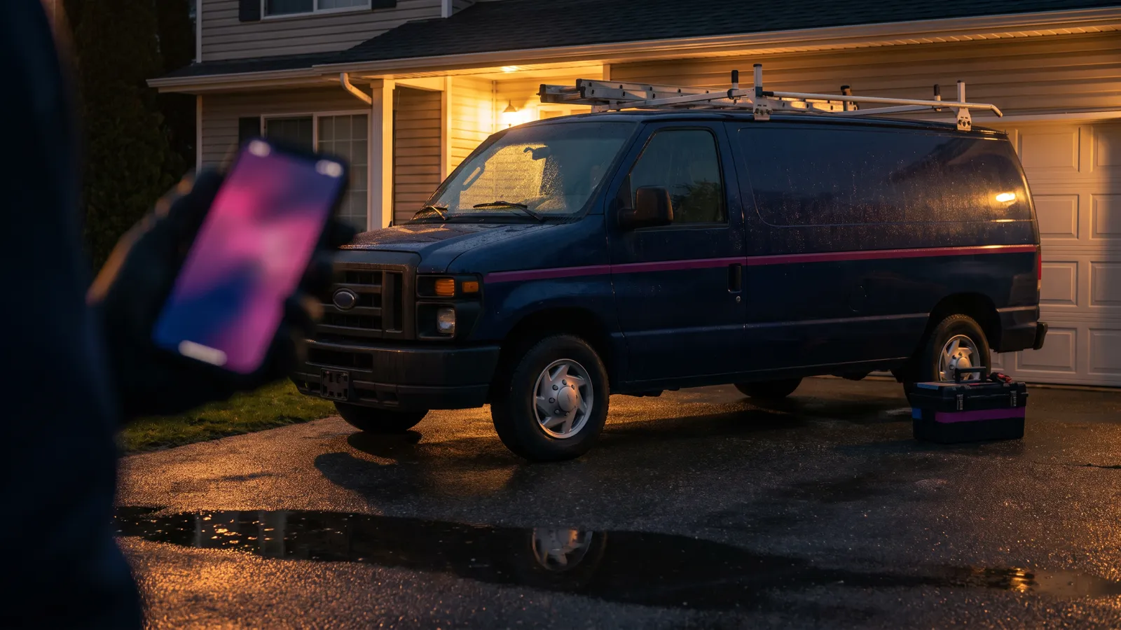 Plumbing marketing agency concept: plumber's van at night with a phone showing an incoming emergency call