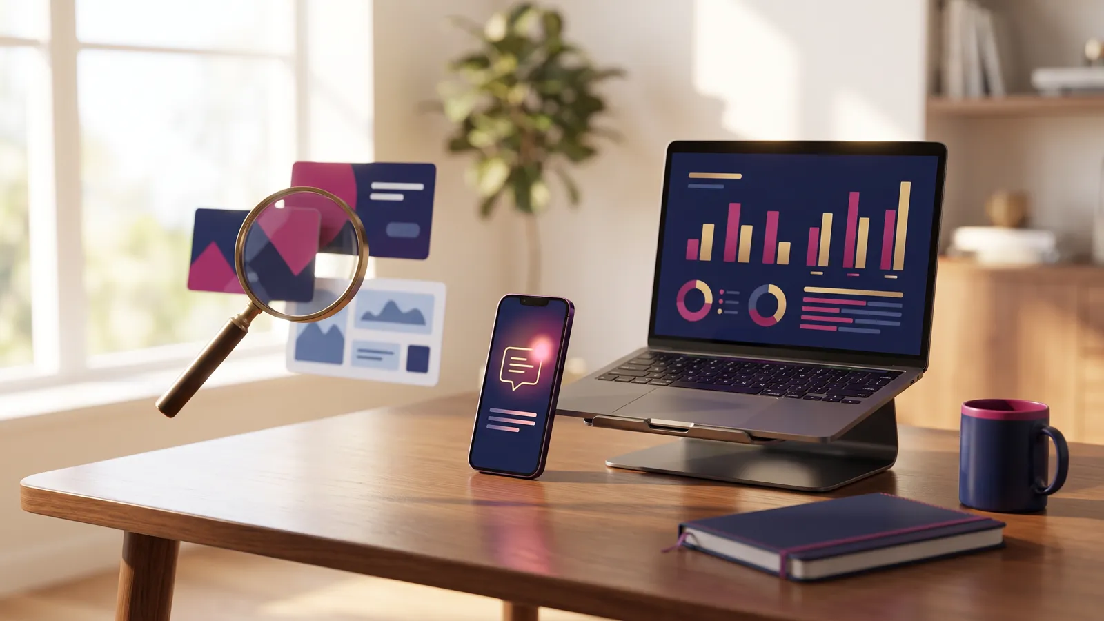 PPC agency workspace with campaign charts and a phone showing a new tracked lead