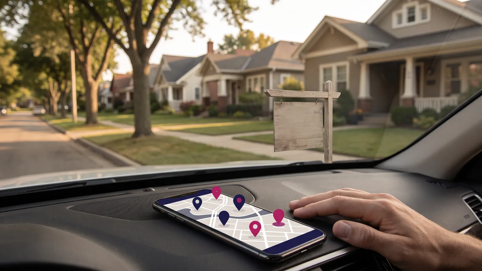 Residential street and a phone map with pins illustrating real estate seo for local neighborhoods