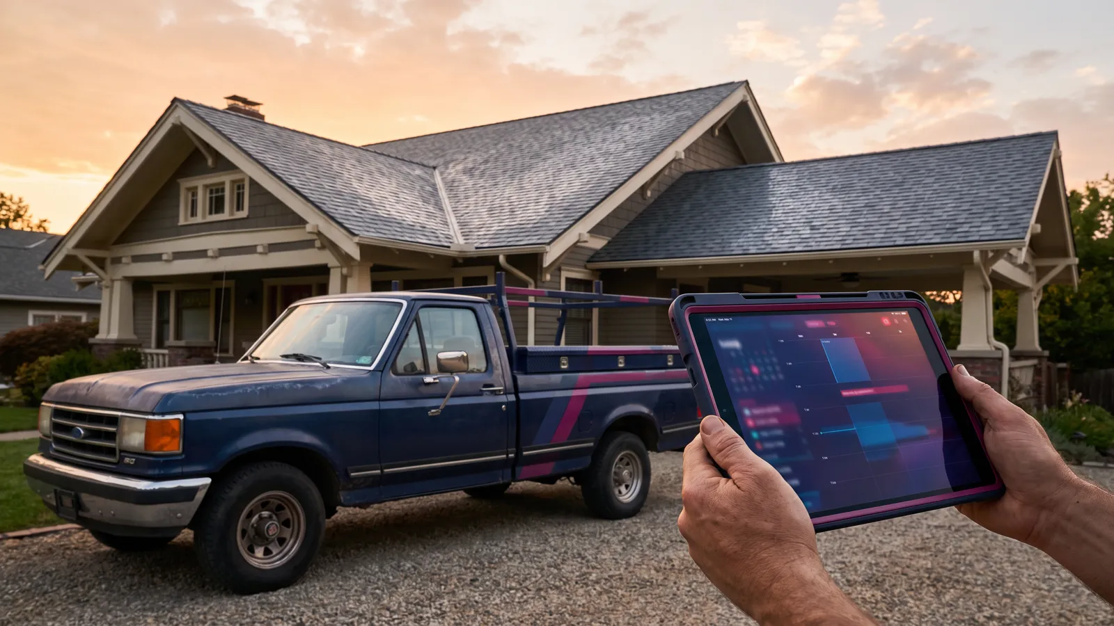 Roofing marketing agency concept: roofer's truck at a finished roof after a storm with a tablet showing booked inspections
