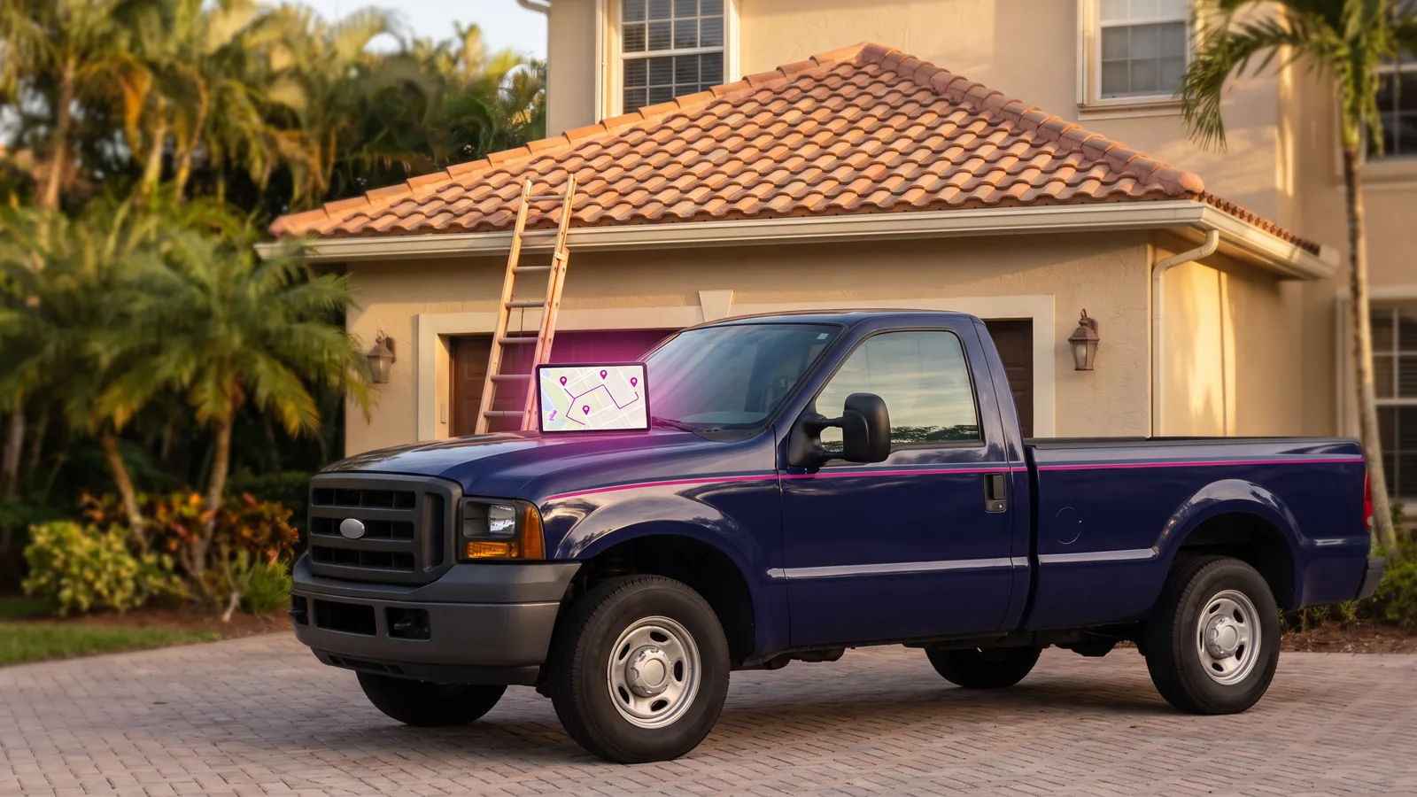 Roofer's truck outside a home with a new tile roof, illustrating local roofing marketing