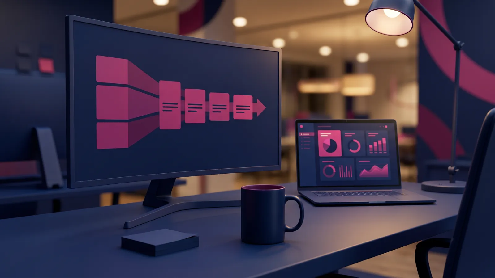 SaaS marketing agency concept: a monitor showing an abstract sales pipeline beside a laptop product dashboard at dusk