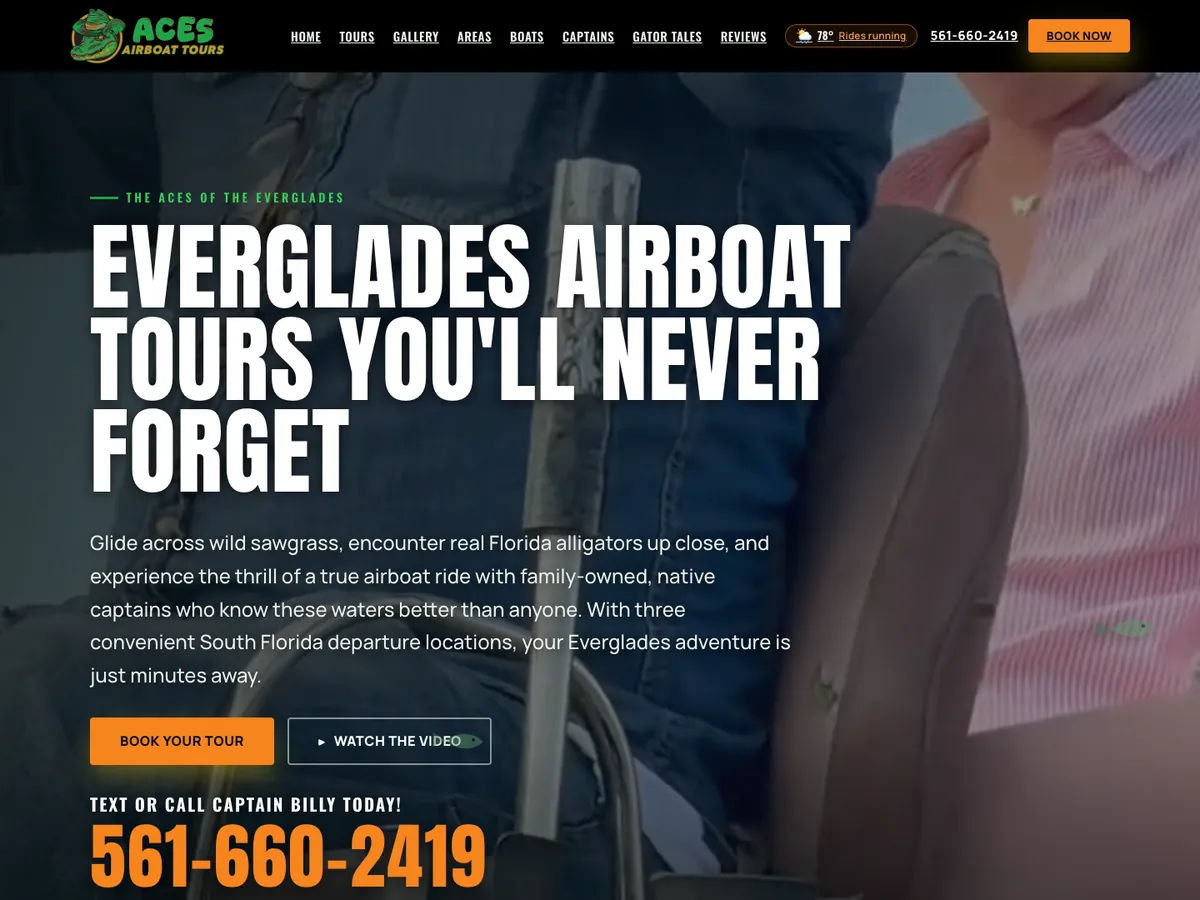 Aces Airboat Tours website homepage