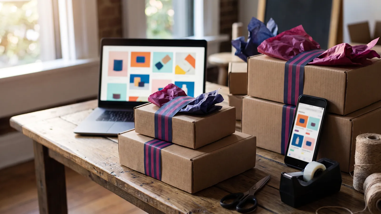 Shopify development for a product brand, with a laptop storefront grid and a mobile product page beside packed orders
