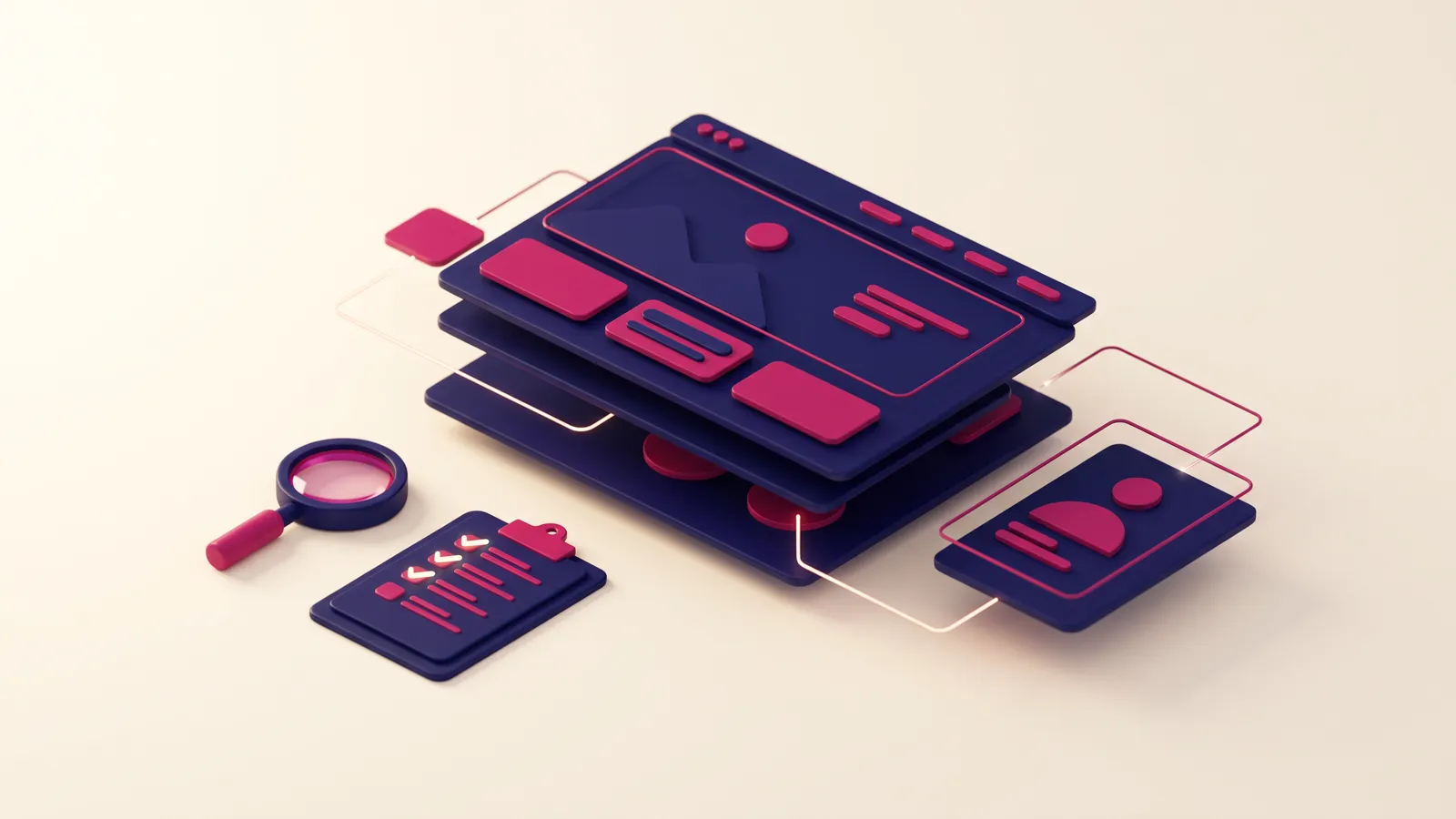 Layered website diagram and clipboard representing a technical SEO checklist audit