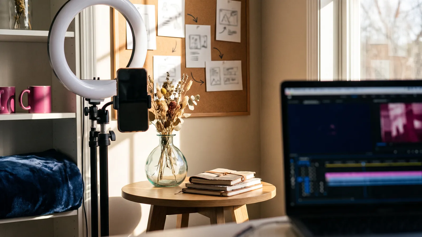 TikTok marketing agency filming setup with a phone on a tripod, ring light and product table