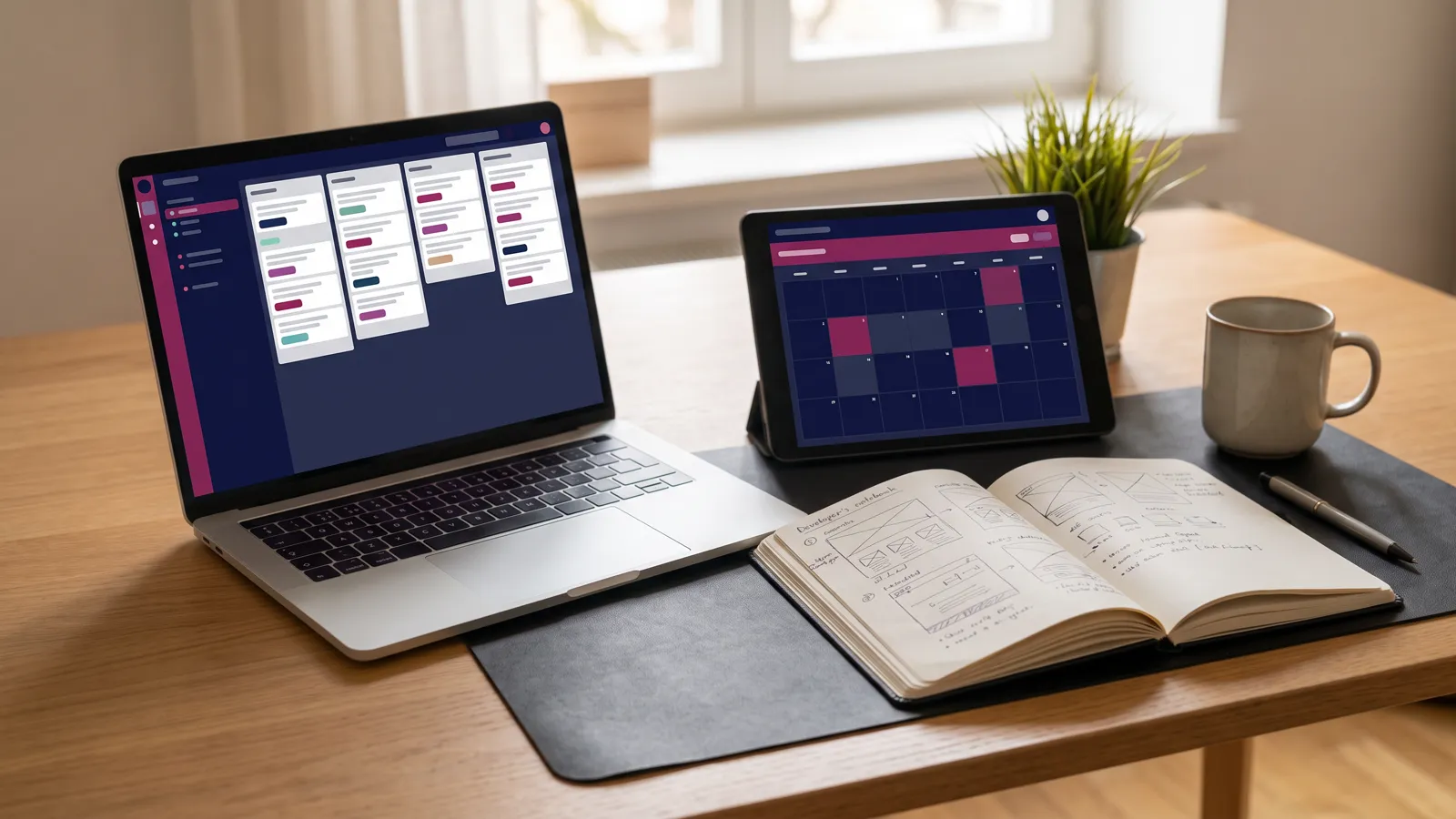 Web application development workspace with a custom booking dashboard on a laptop and wireframe sketches