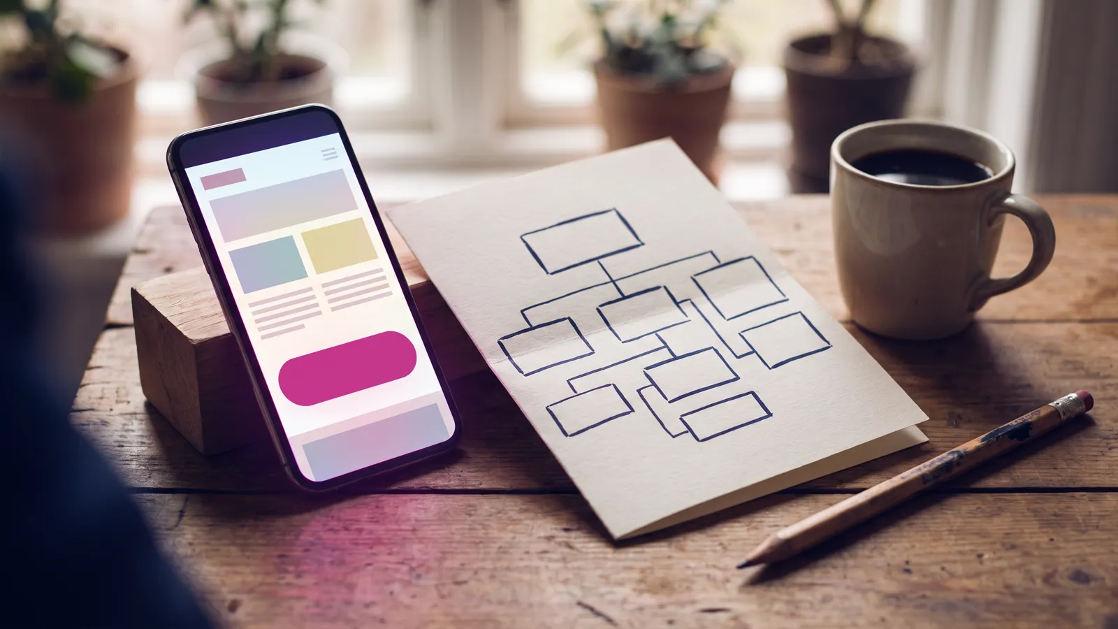 Website design for small business: a mobile site layout beside a hand-drawn page map