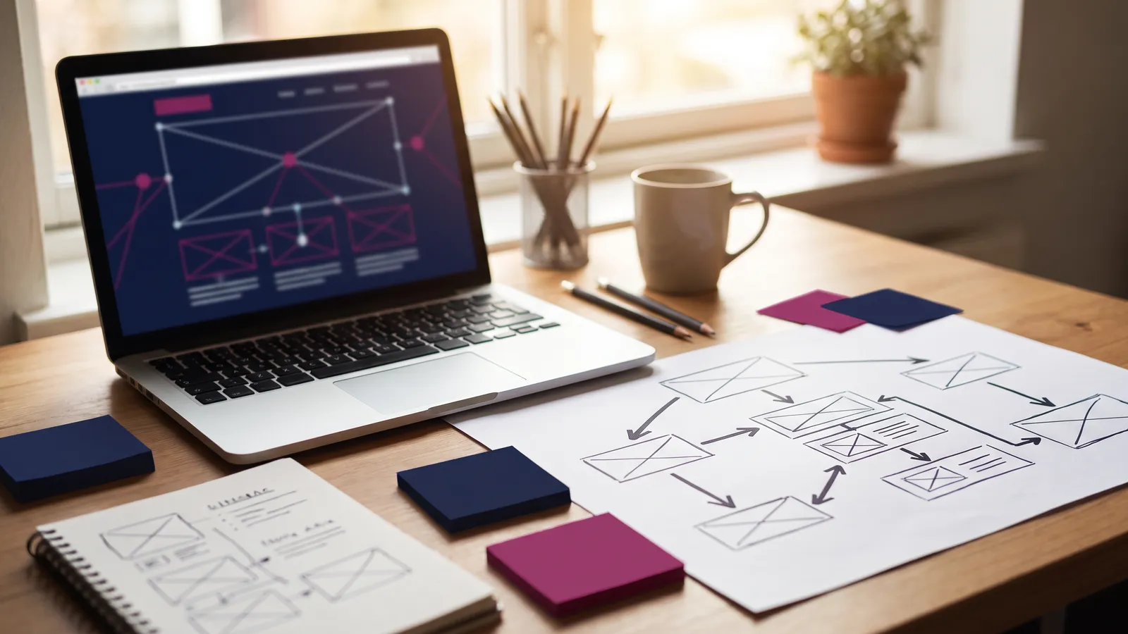 Website redesign services planning desk with a new site wireframe and a sitemap mapping old pages to new ones