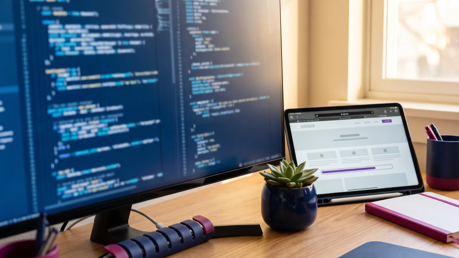 WordPress website design workstation with a hand-coded theme on screen beside a tablet showing the finished site